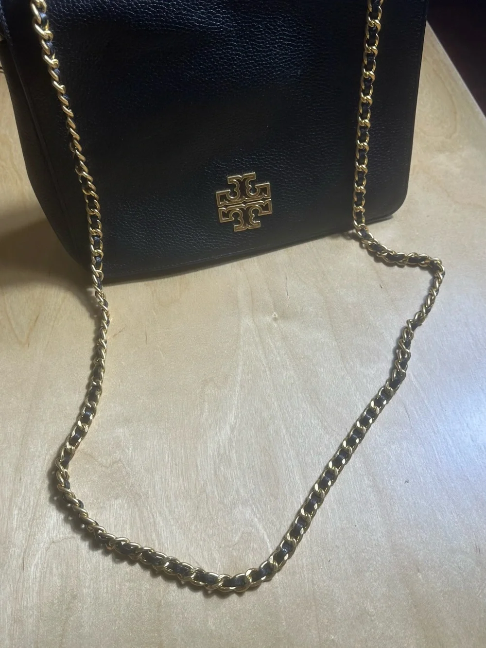 Tory Burch Black Pebbled Leather Shoulder Bag with Gold Chain